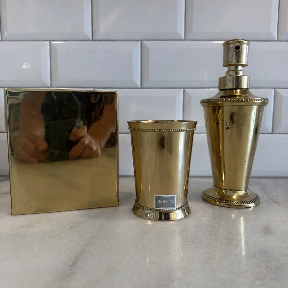 Vintage Croscill Brass Bathroom Set Tissue Cover, Soap Dispenser, Cup ES0002